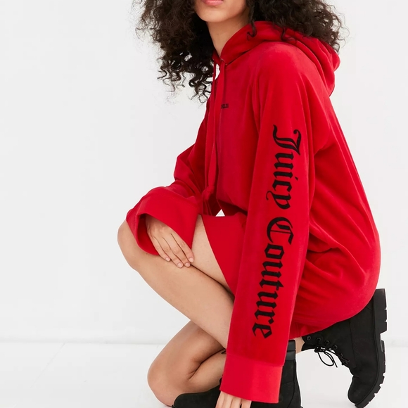 Juicy Couture for Urban Oversized Velour Hoodie Tunic Pullover Red Spell Out S - Picture 1 of 14